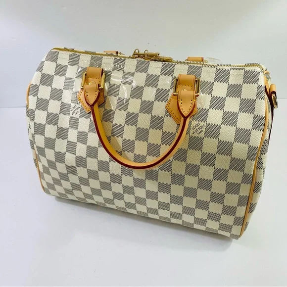 Designer Inspired Checkered Crossbody Bag in Cream and Tan - Picture 7 of 15